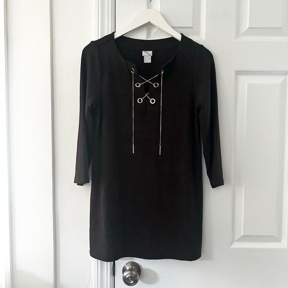 Chico's Tops - Travelers Chico's Chocolate Brown 3/4 Sleeve Slinky Tunic Top Laced Gold Chain 0